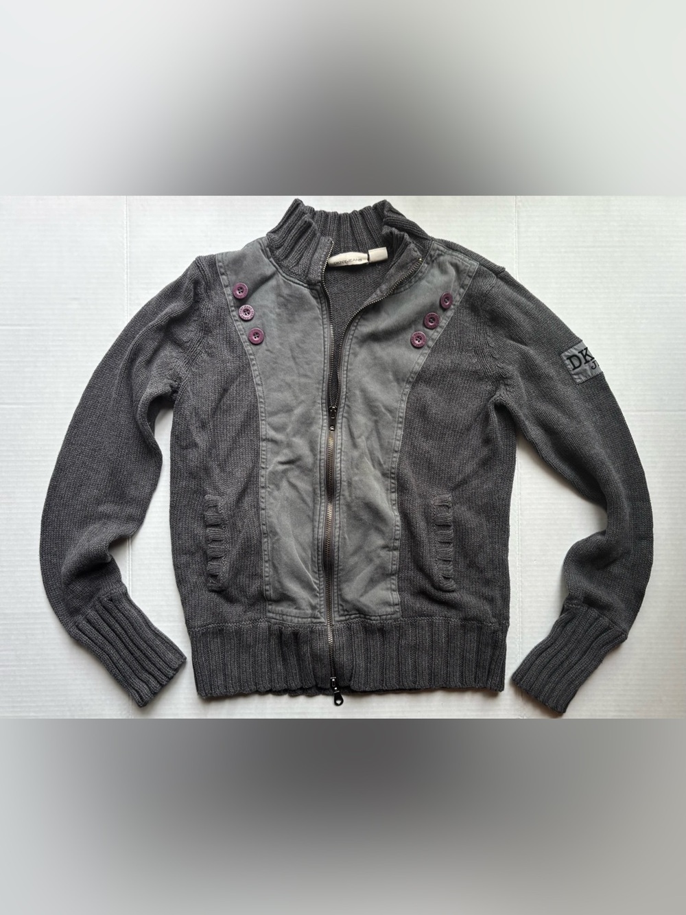 DKNY jeans Y2K gray grey mixed media denim cotton zip up cardigan button detail